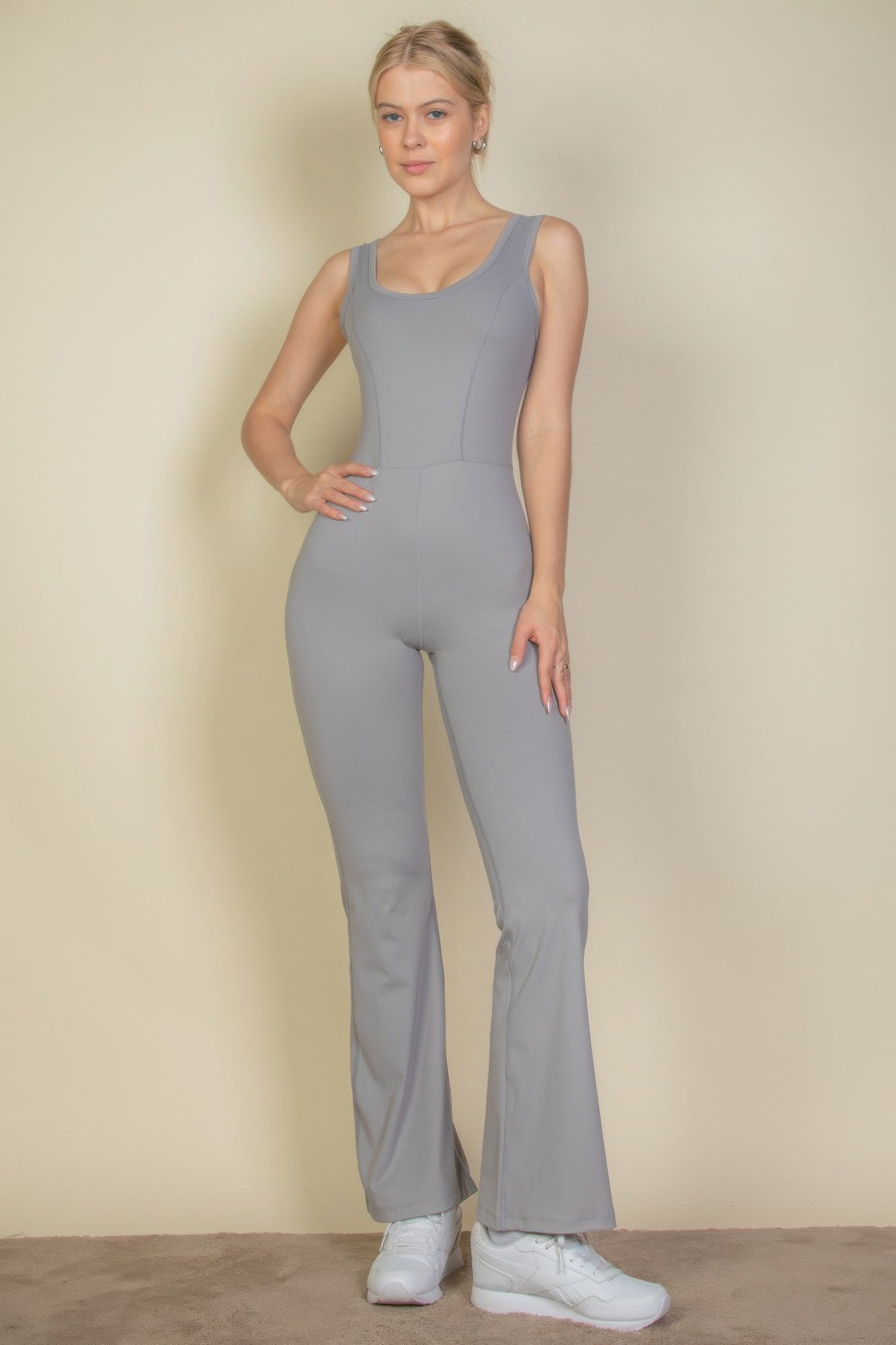 Solid Flare Leg Sports Jumpsuit