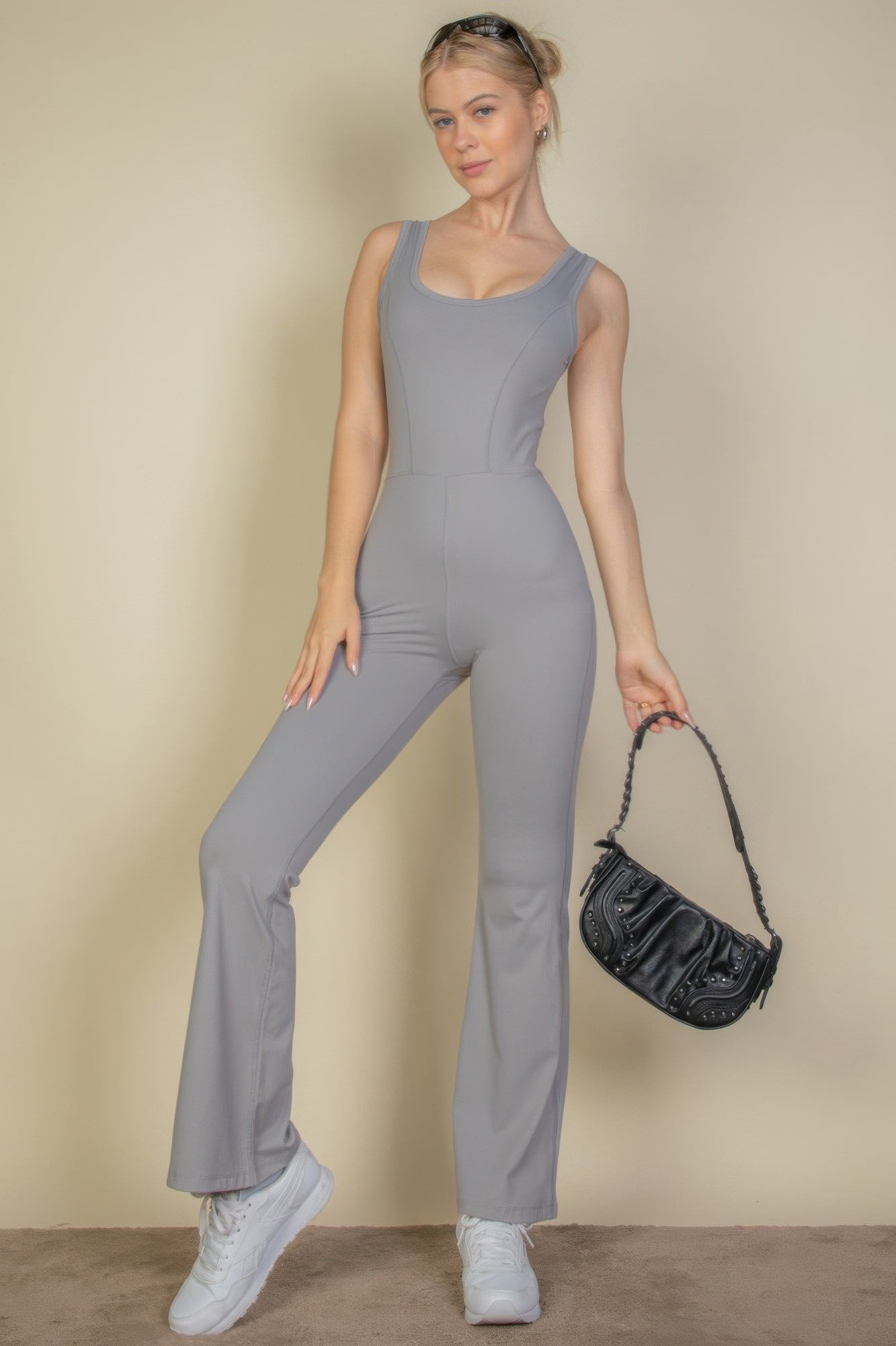 Solid Flare Leg Sports Jumpsuit